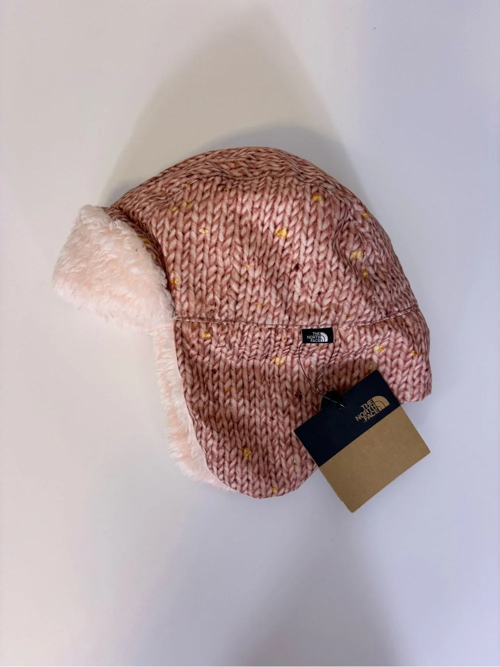 New The North Face Pink Knit Trapper Hat with Cream Faux-Fur Lining 6-24 Months